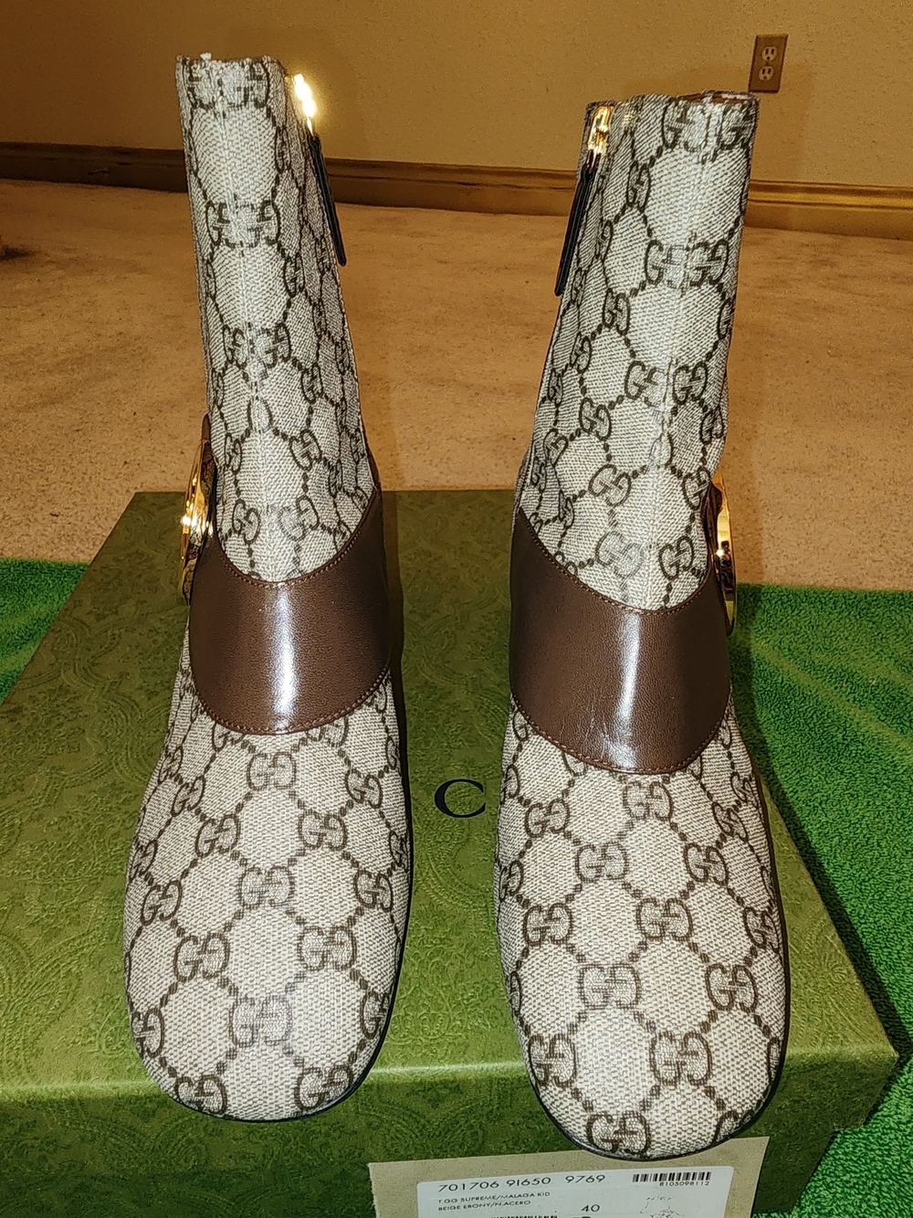 Gucci Beige Brown GG Canvas Mid Heel Ankle Boots with Gold Logo - Picture 11 of 13